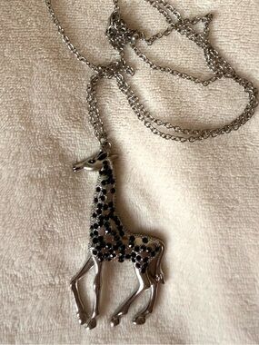 Whimsy Silver Giraffe Pendant Necklace with Black Stone Spots